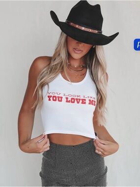 White Graphic Crop Tank Top - "You Look Like You Love Me"